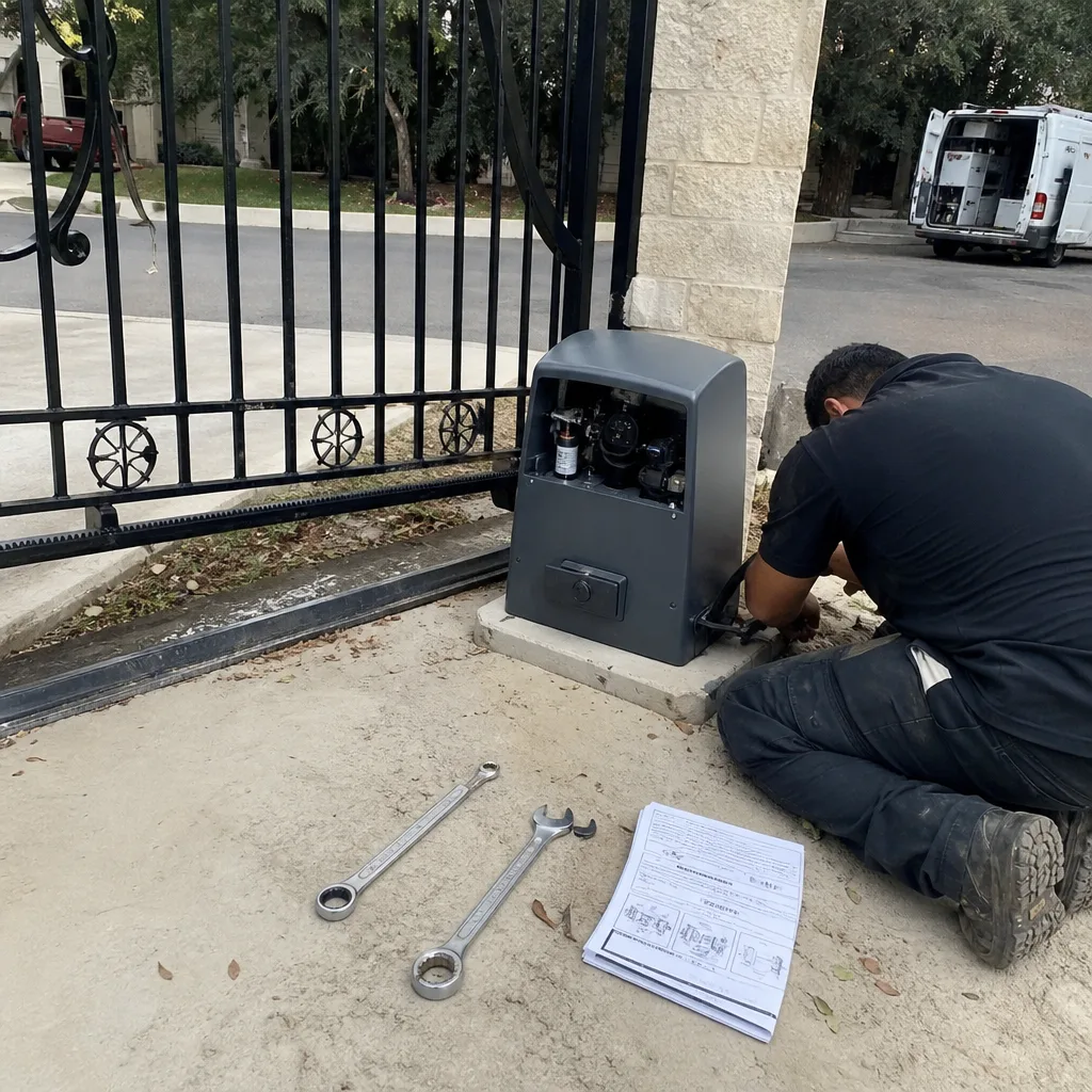 Technician performing electric gate motor repair and maintenance