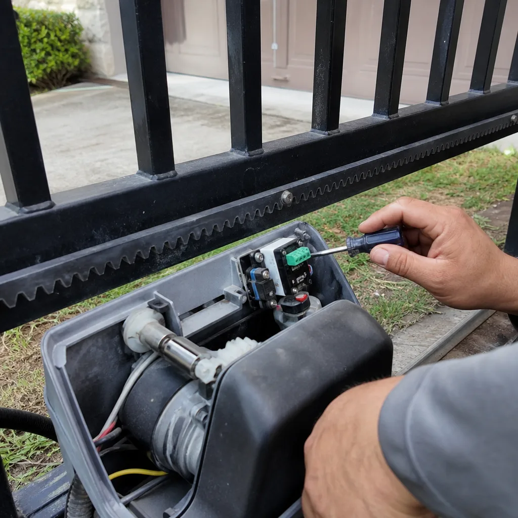 Technician using a screwdriver to repair an electric gate motor