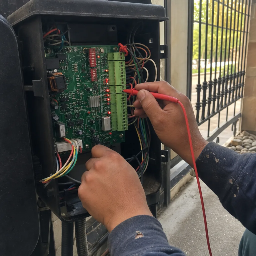 Technician performing professional electric gate repair on an automated gate control board