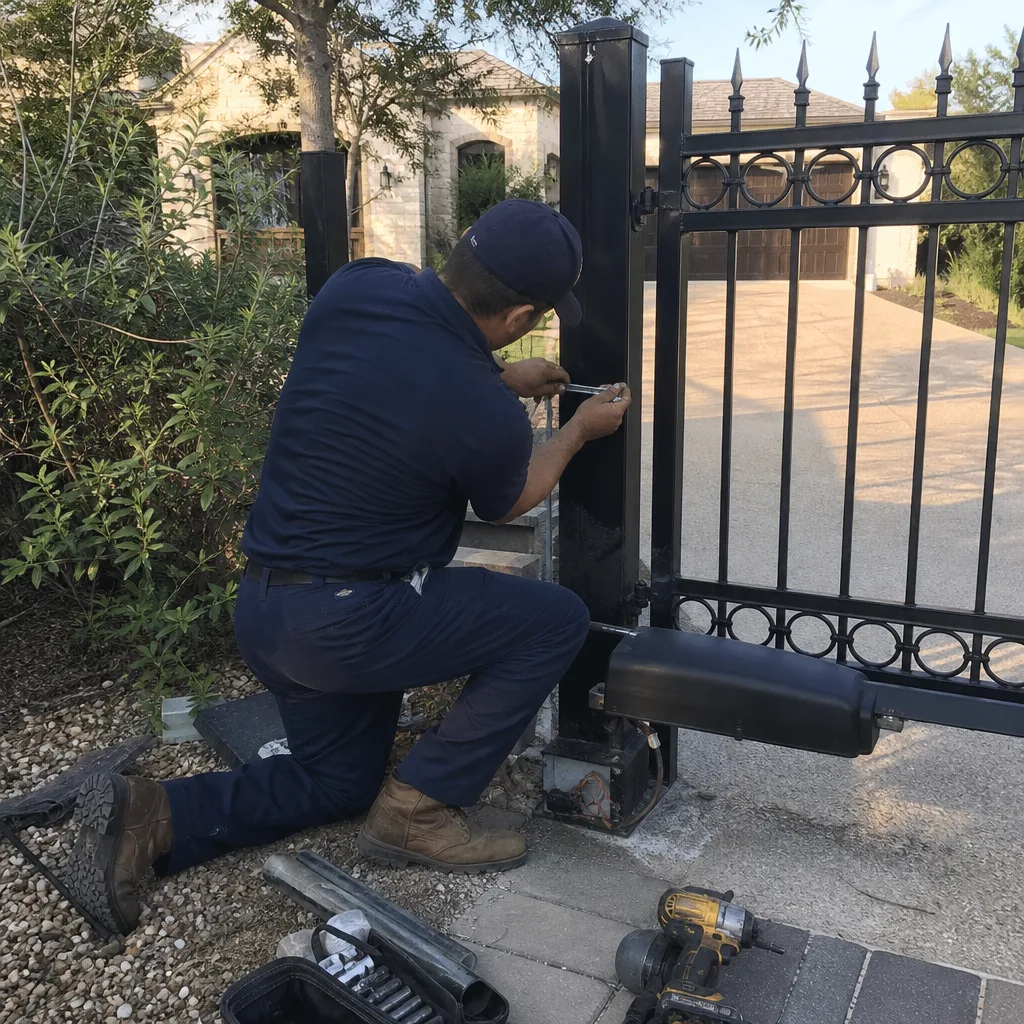 Technician performing professional automatic gate motor repair on a residential fence