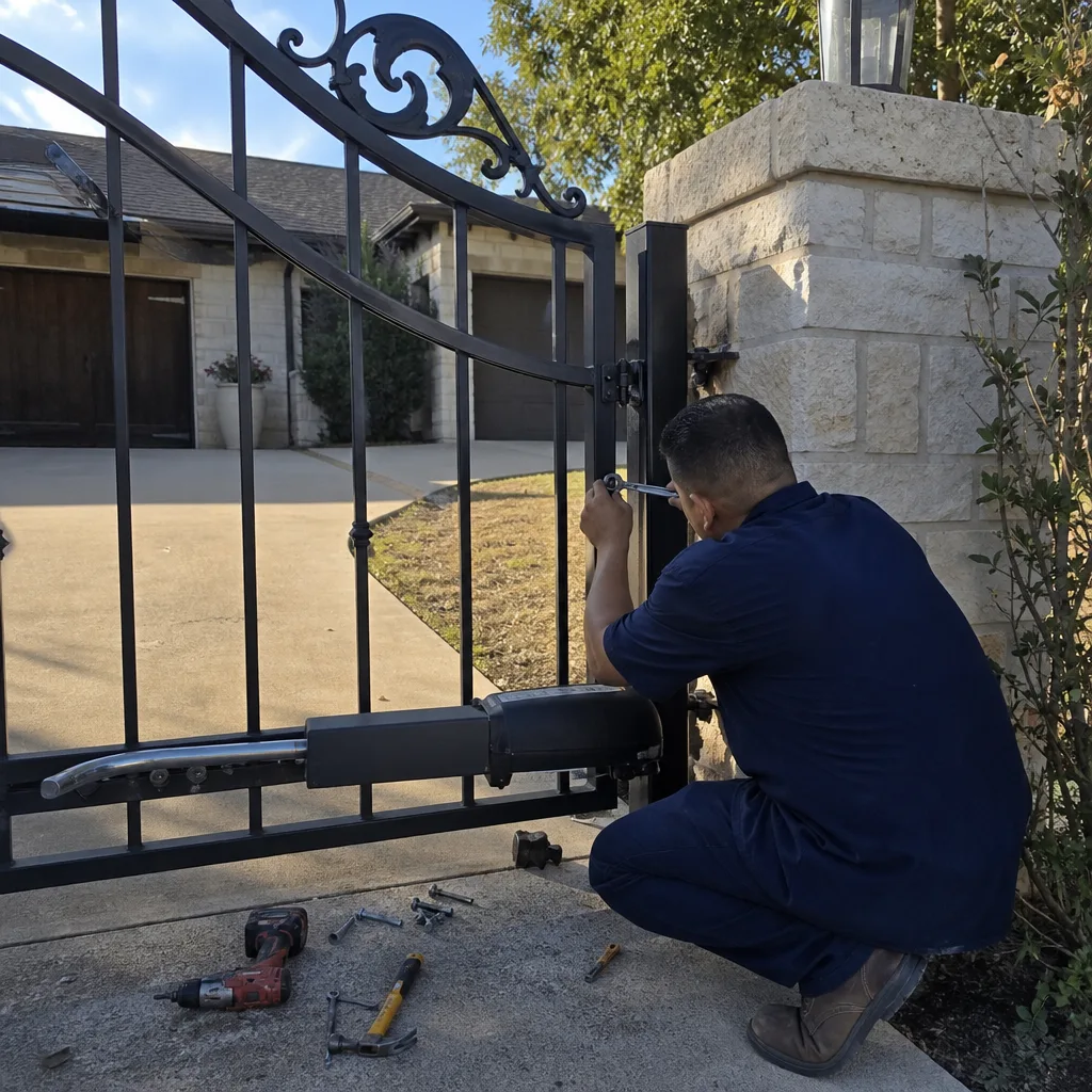 Technician performing professional gate motor repair and maintenance on iron gate