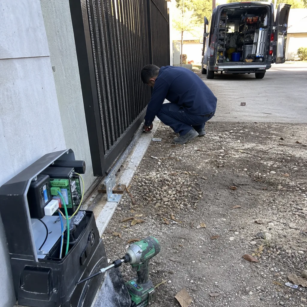 Technician performing automatic gate motor repair and maintenance